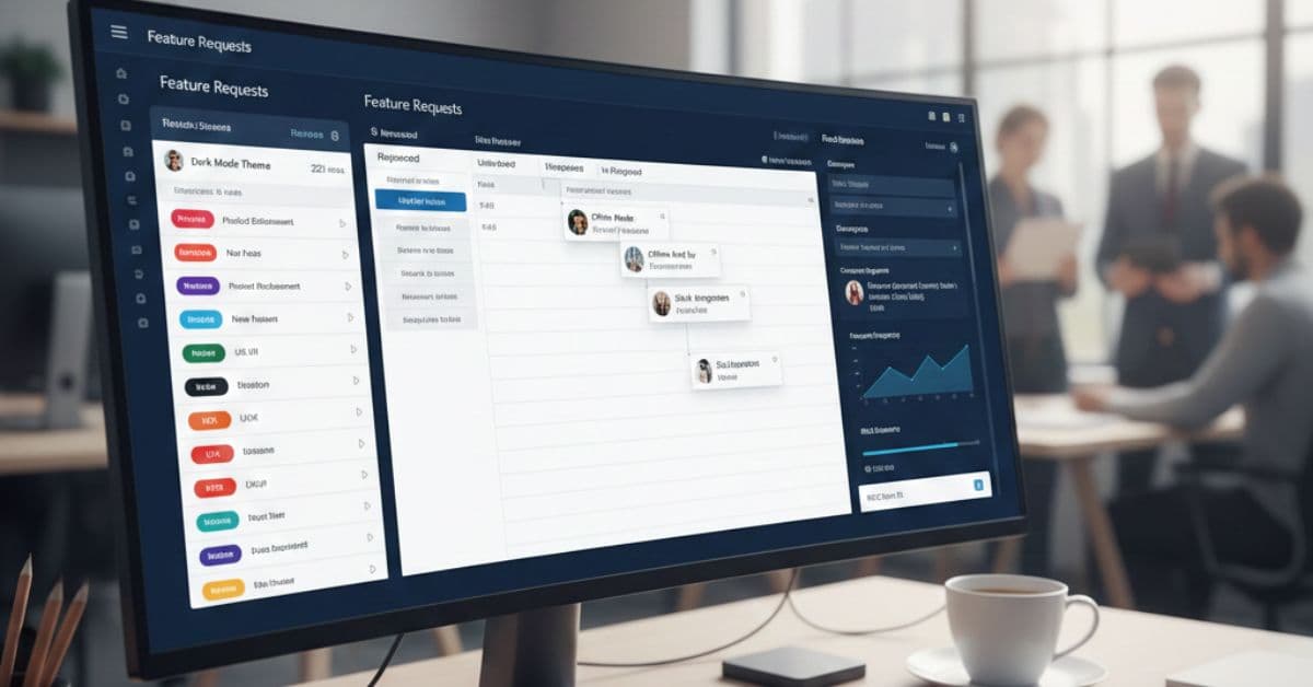 Feature request organization dashboard with categorized tags and priority indicators